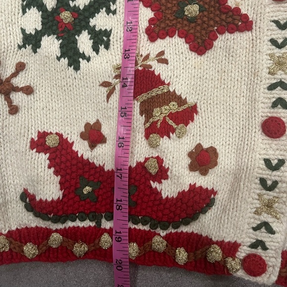 [L]VTG Jennifer Reed Holiday Ramie Blend Button Sweater Red Green Gold-As Is - Picture 6 of 11